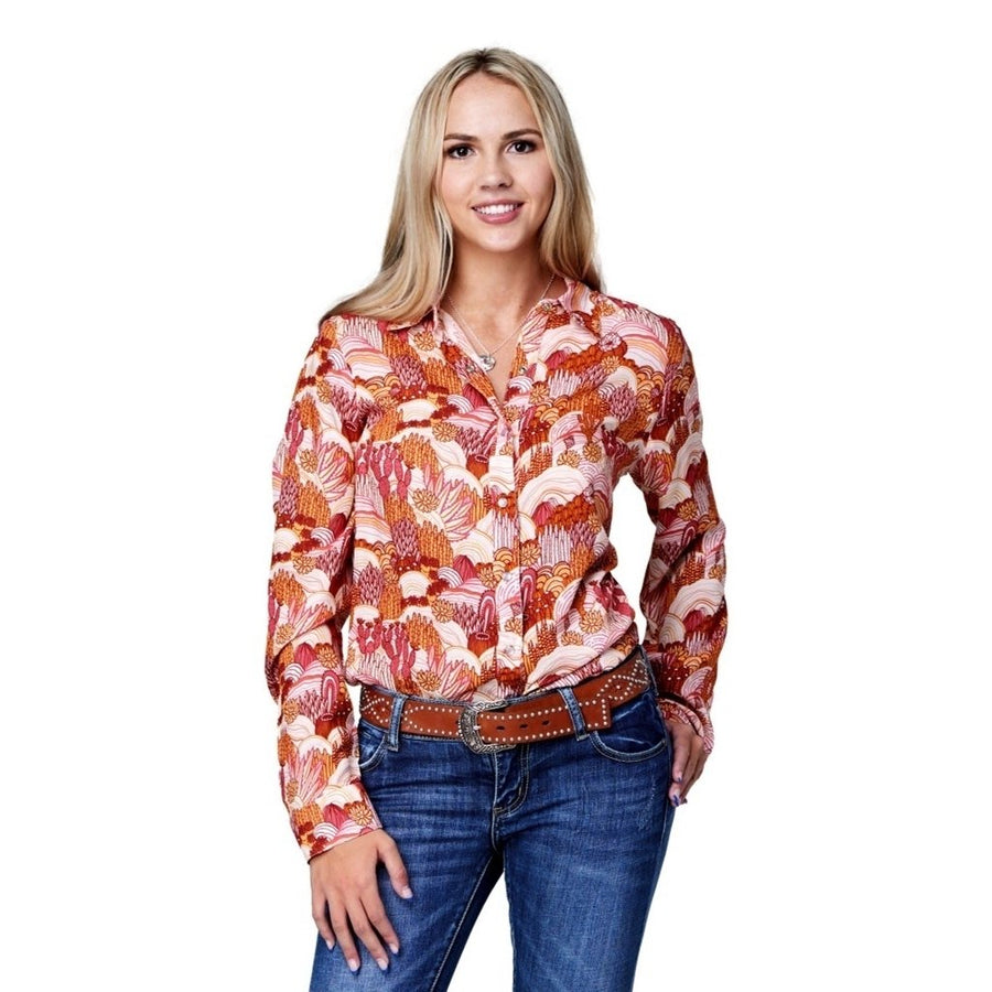 Roper Western Shirt Womens L/S Cactus Snaps Pink 03-050-0590-4045 PI Image 1