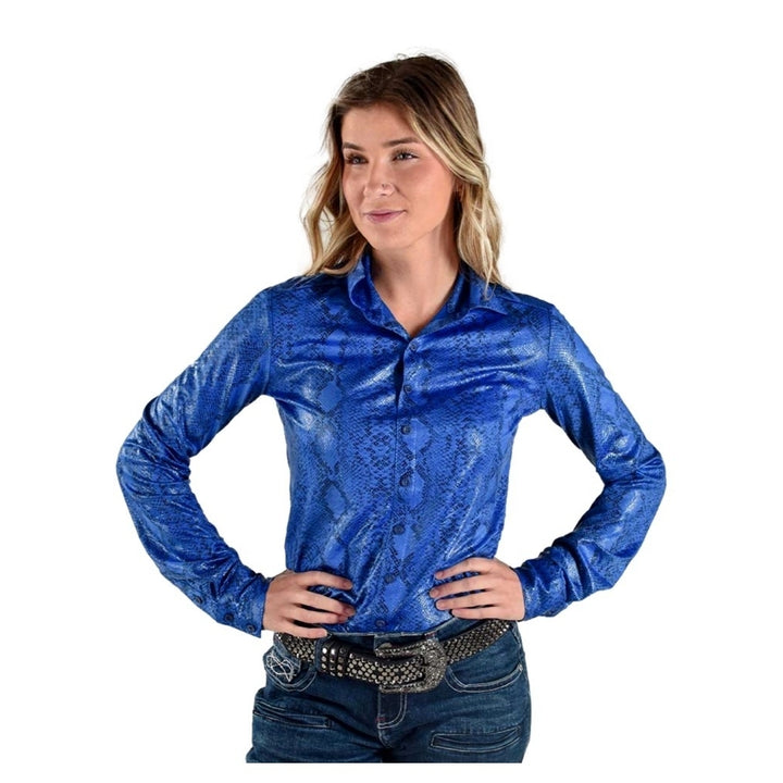 Cowgirl Tuff Western Shirt Womens L/S Button Snake Blue F00525 Image 1