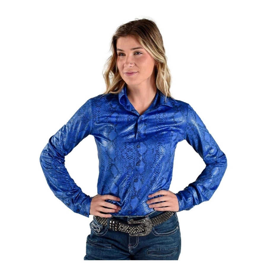 Cowgirl Tuff Western Shirt Womens L/S Button Snake Blue F00525 Image 1