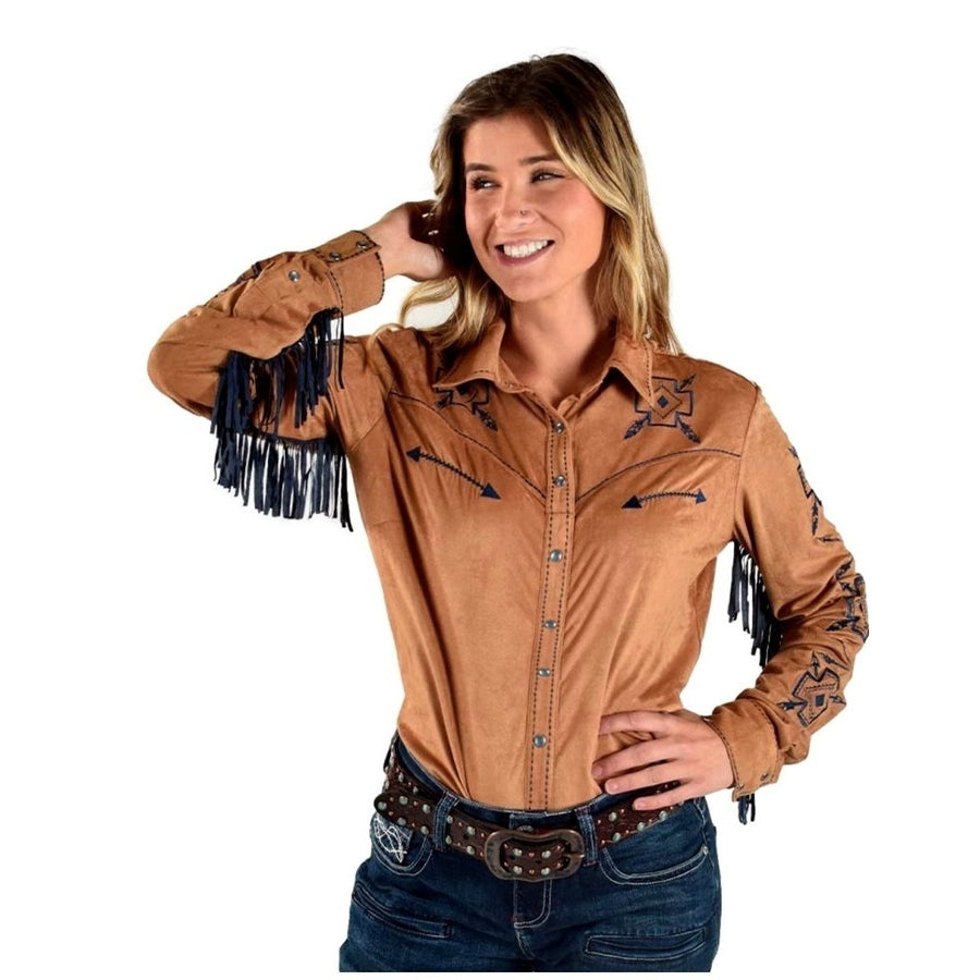 Cowgirl Tuff Western Shirt Womens Fringe Button L/S Tan F00516 Image 1