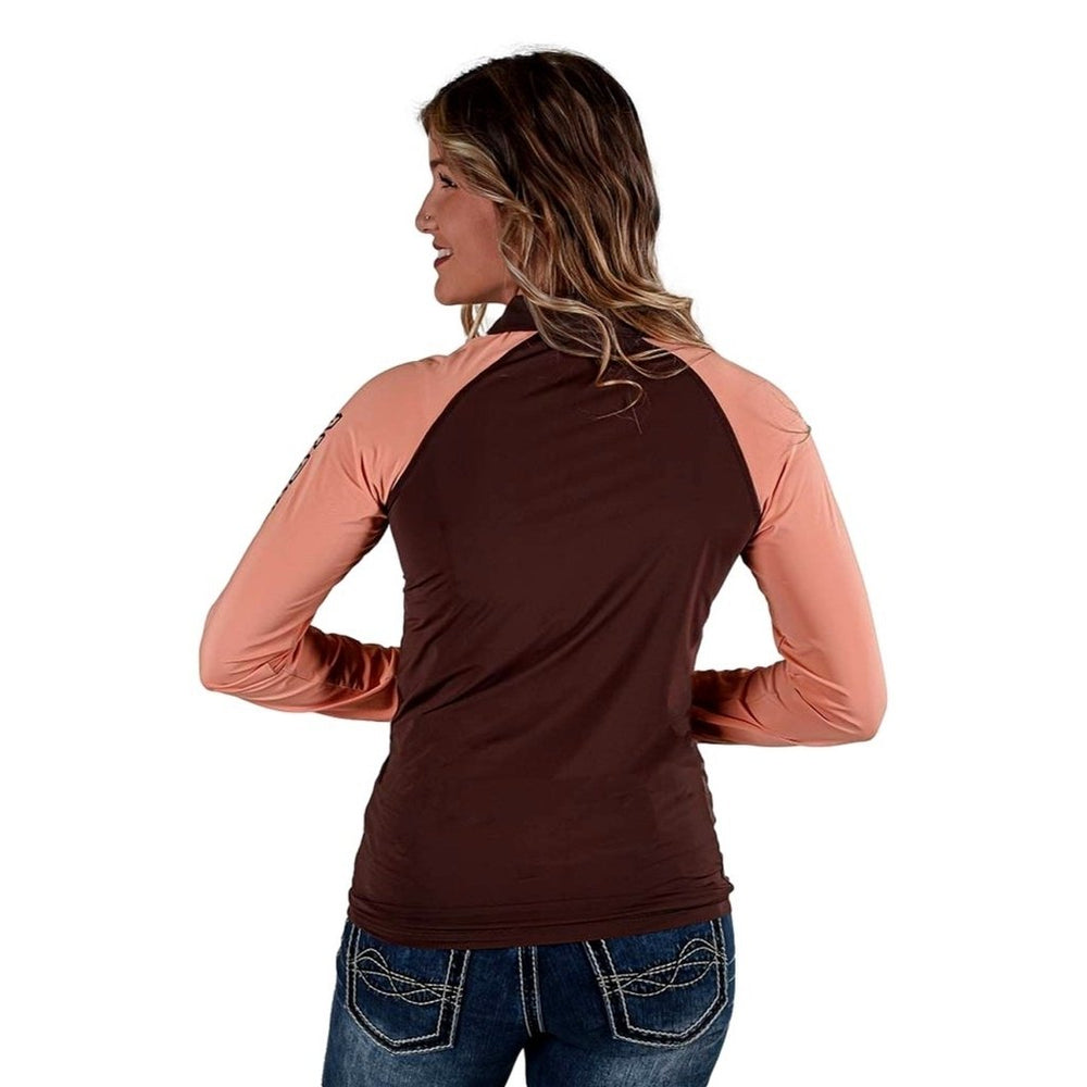 Cowgirl Tuff Western Shirt Womens L/S Tee 1/4 Zip Brown Coral 100549 Image 2