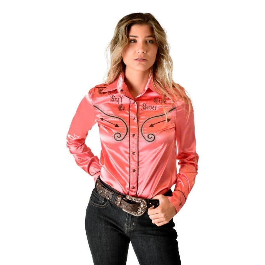 Cowgirl Tuff Western Shirt Womens L/S Button Embroidery Coral 100635 Image 1