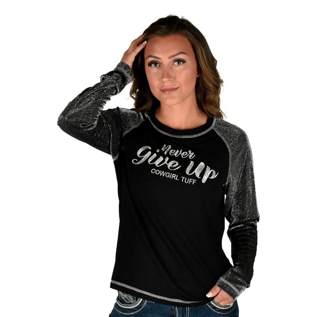 Cowgirl Tuff Western Shirt Womens L/S Tee Embroidery Black 100659 Image 1