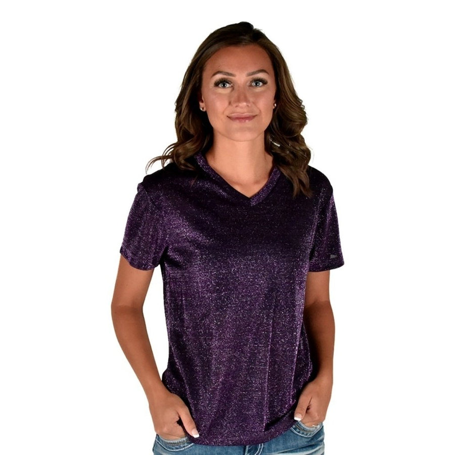 Cowgirl Tuff Western Shirt Womens S/S Tee V Neck Purple 100649 Image 1