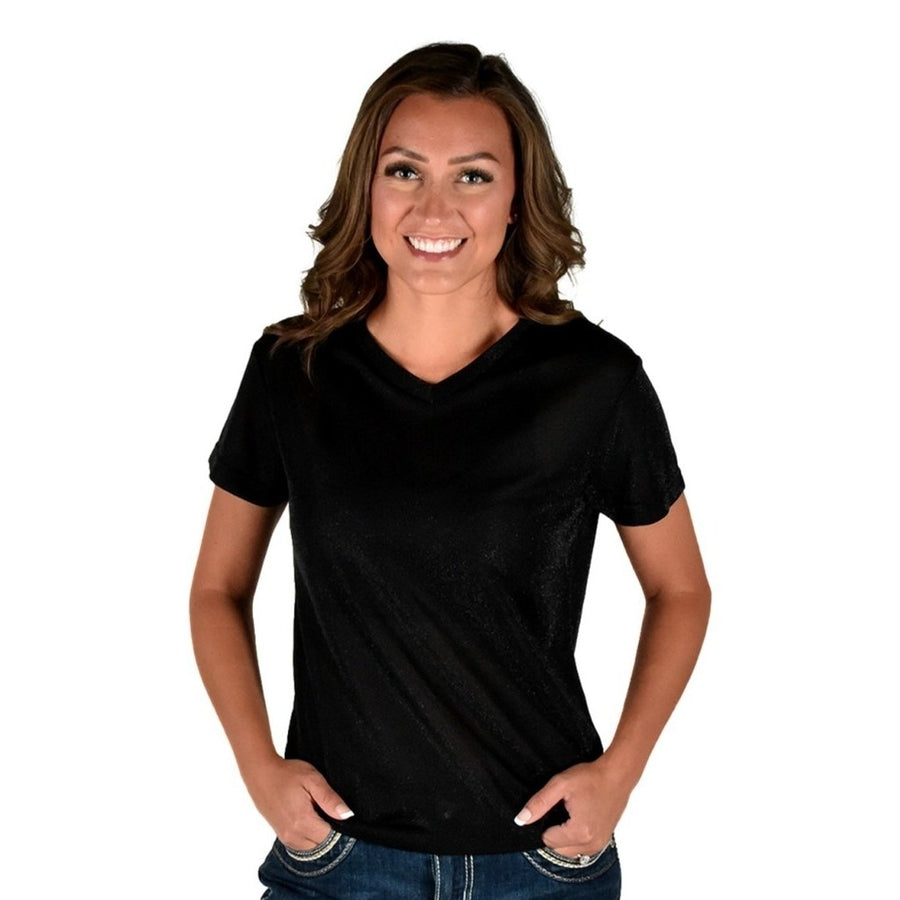 Cowgirl Tuff Western Shirt Womens S/S Tee V Neck Black 100648 Image 1