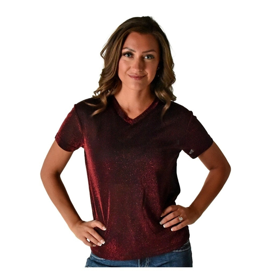 Cowgirl Tuff Western Shirt Womens Short Sleeve Tee V Neck Red 100651 Image 1