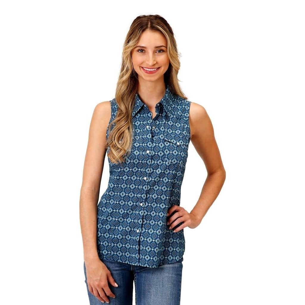 Roper Western Shirt Womens Sleeveless Snap Blue 03-052-0064-0309 BU Image 1