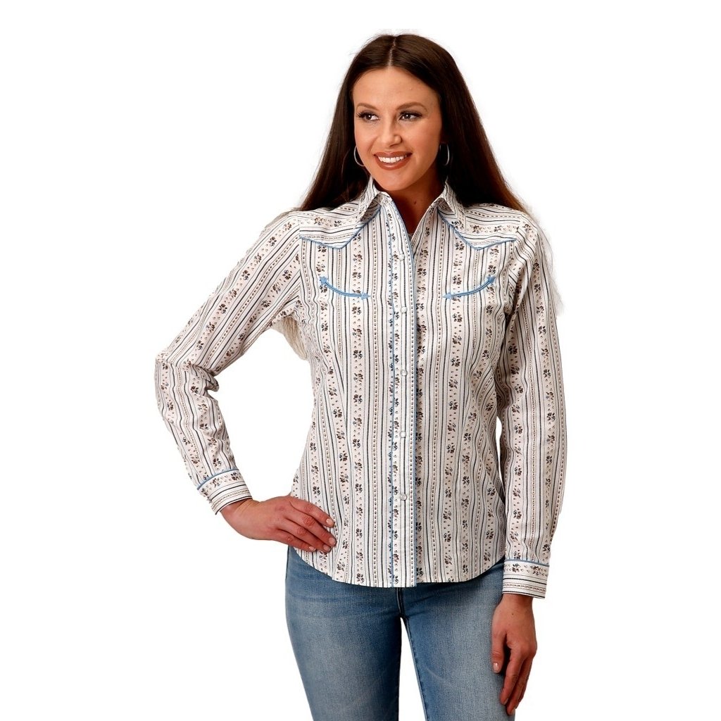 Roper Western Shirt Womens L/S Stripe Floral White 01-050-0086-3058 WH Image 1