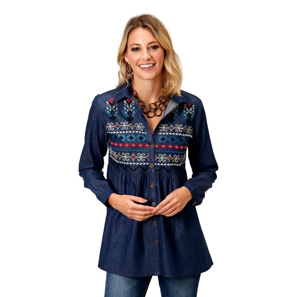 Roper Western Shirt Womens L/S Floral Tunic Blue 03-050-0565-7067 BU Image 1