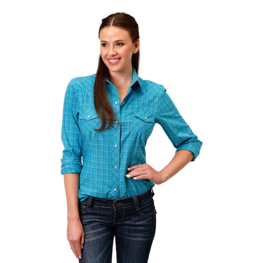 Roper Western Shirt Womens L/S Plaid Snap Turq 01-050-0101-6074 BU Image 1