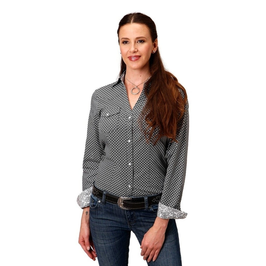 Roper Western Shirt Womens L/S V Snaps Black 03-050-0225-2013 BL Image 1