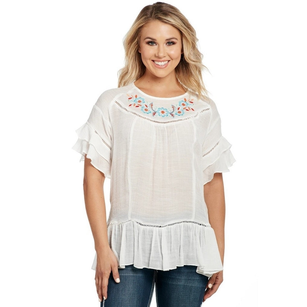 Cowgirl Up Western Shirt Womens S/S Ruffle Embroidery White CG90204 Image 1