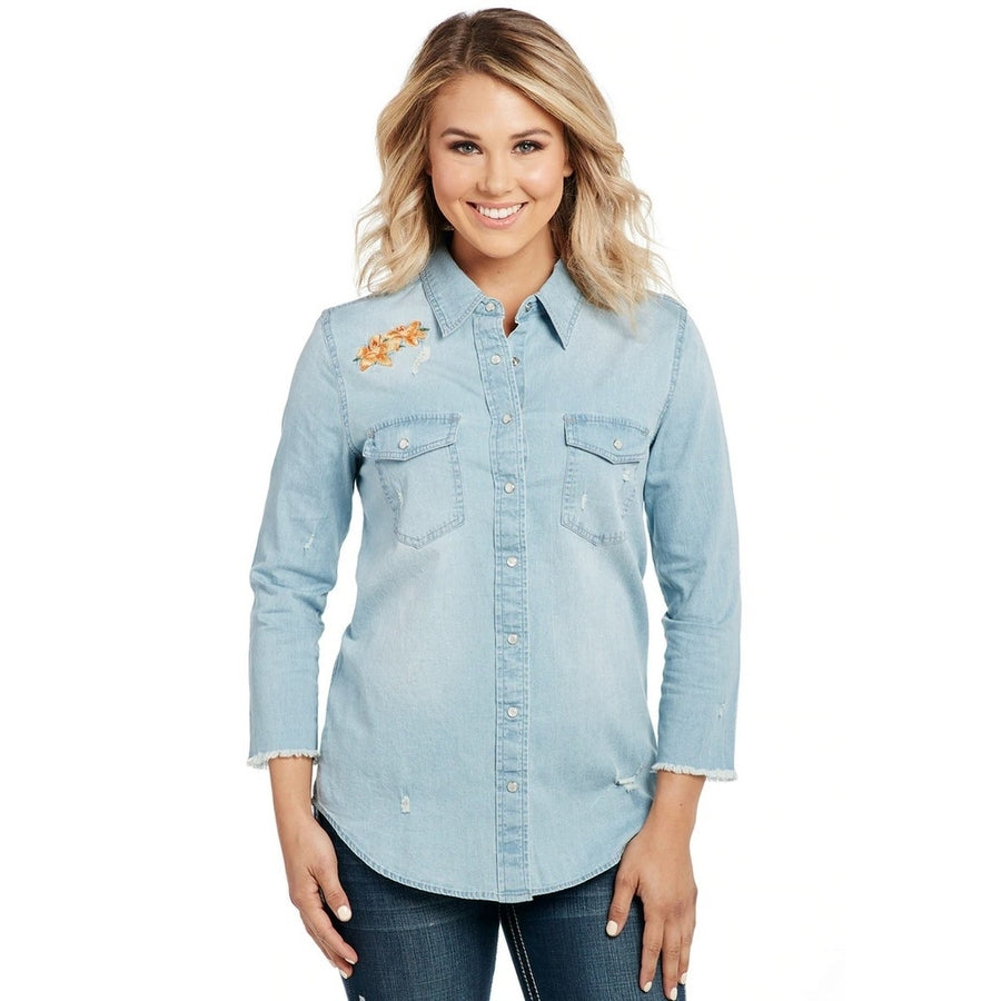 Cowgirl Up Western Shirt Womens 3/4 Sleeve Denim Raw Blue CG90108 Image 1