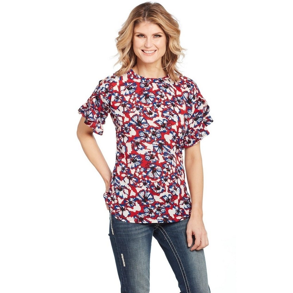 Cowgirl Up Western Shirt Womens Floral Ruffle S/S Red Blue CG00701 Image 1