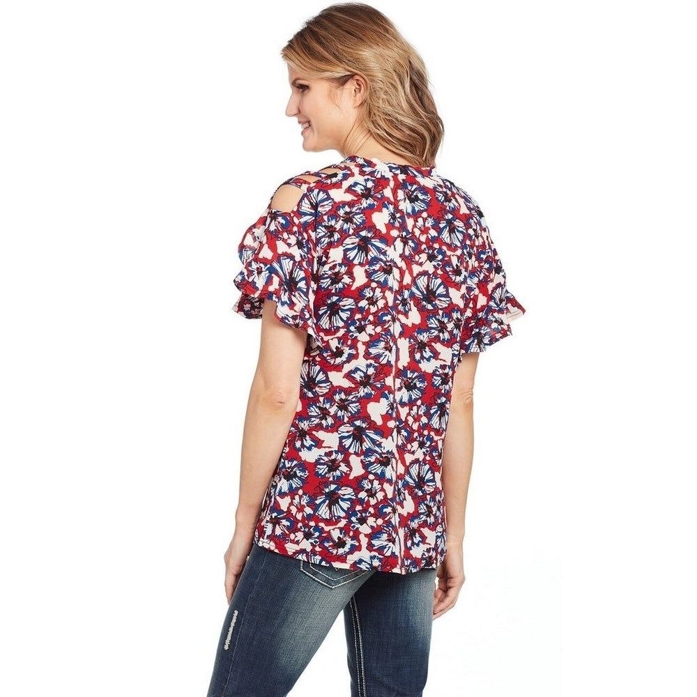 Cowgirl Up Western Shirt Womens Floral Ruffle S/S Red Blue CG00701 Image 2