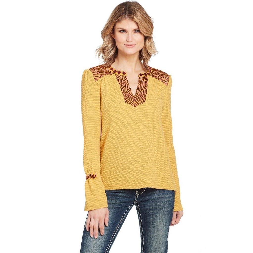 Cowgirl Up Western Shirt Womens L/S Waffle Knit Mustard CG01103 Image 1