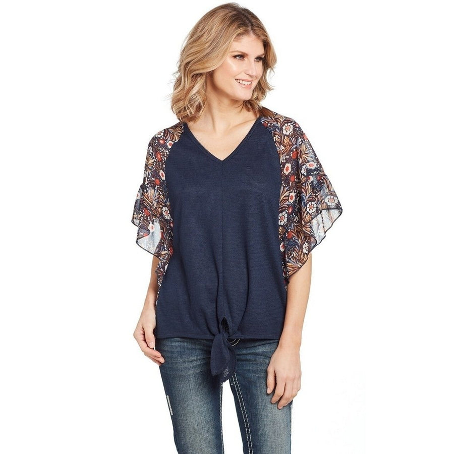 Cowgirl Up Western Shirt Womens 3/4 Sleeve Waffle Knit Navy CG00901 Image 1