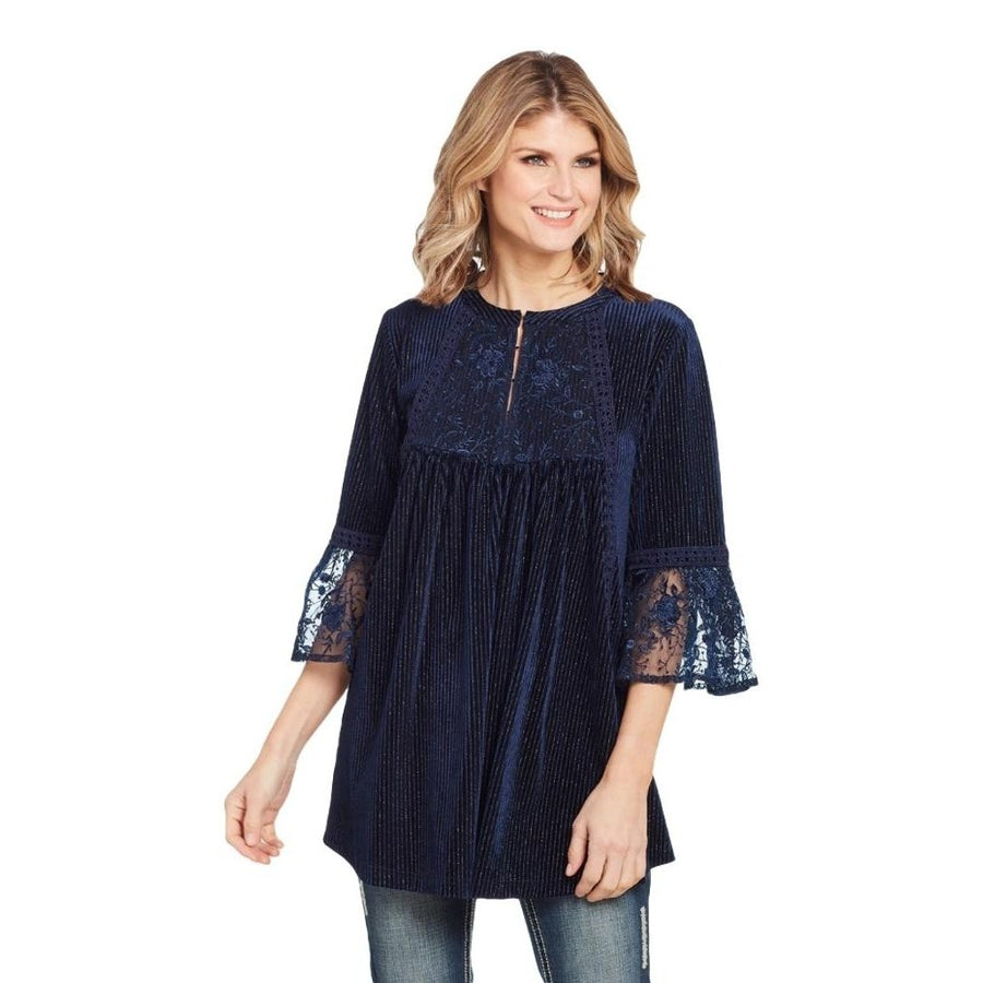 Cowgirl Up Western Shirt Womens 3/4 Sleeve Velvet Lace Navy CG01203 Image 1