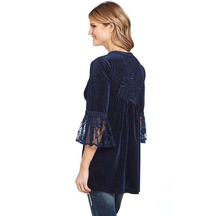 Cowgirl Up Western Shirt Womens 3/4 Sleeve Velvet Lace Navy CG01203 Image 2