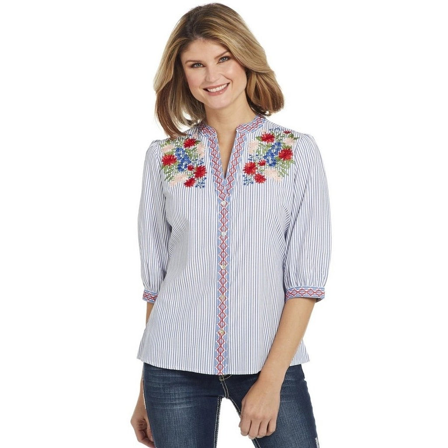 Cowgirl Up Western Shirt Womens 3/4 Sleeve Mandarin White Blue CG00101 Image 1