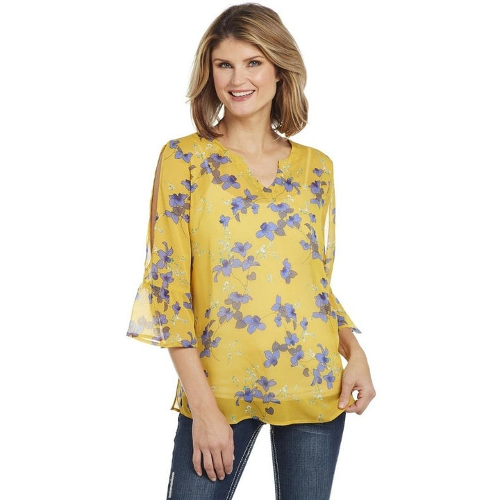 Cowgirl Up Western Shirt Womens 3/4 Sleeve Bell Floral Yellow CG00503 Image 1