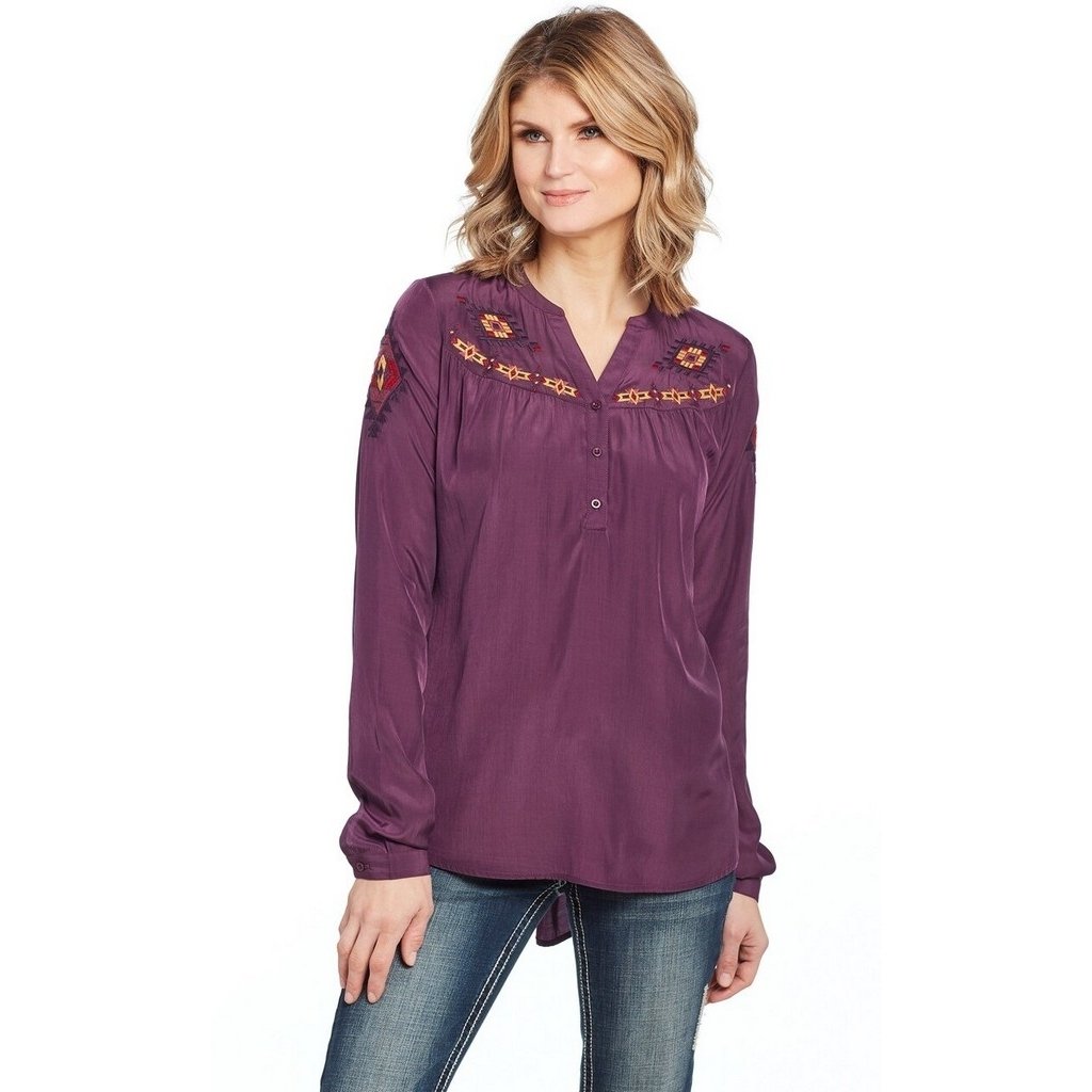 Cowgirl Up Western Shirt Womens L/S Geometric Henley Purple CG01102 Image 1