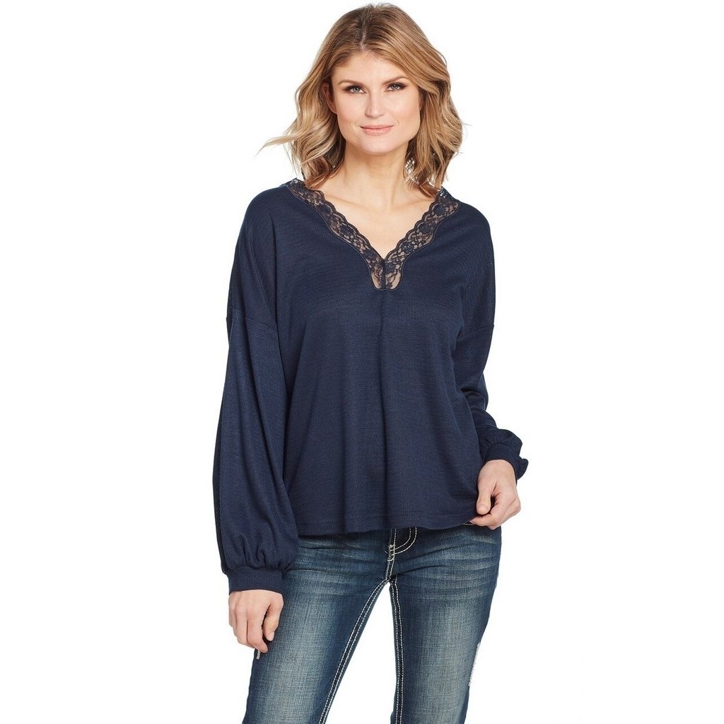 Cowgirl Up Western Shirt Womens Long Sleeve Lace Dolman Navy CG01104 Image 1