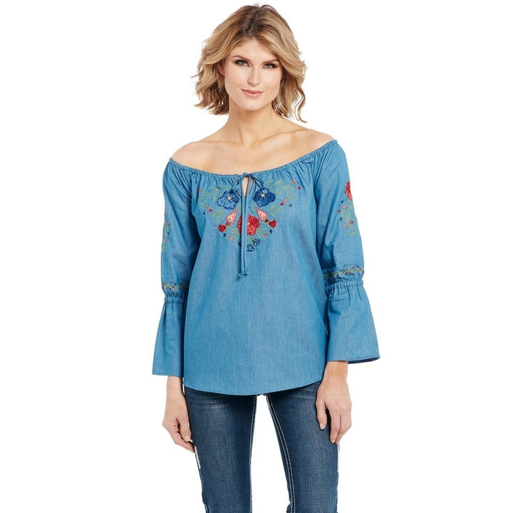 Cowgirl Up Western Shirt Womens L/S Off Shoulder Chambray CG90703 Image 1