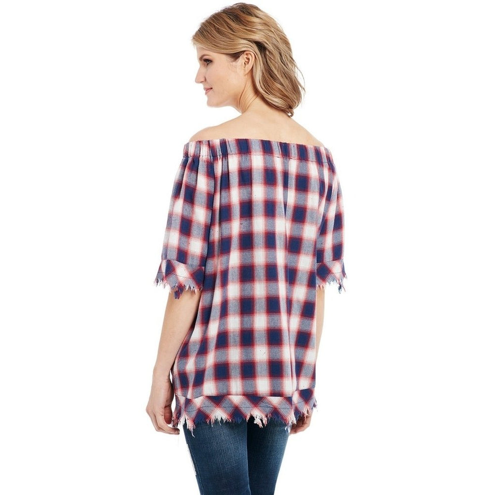 Cowgirl Up Western Shirt Women Short Sleeve Plaid Red Blue CG90706 Image 2