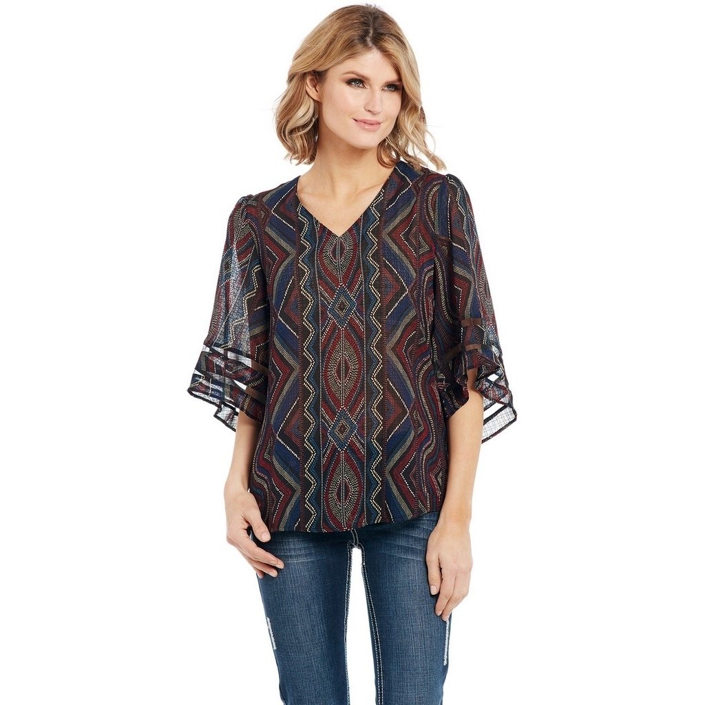 Cowgirl Up Western Shirt Womens 3/4 Sleeve Aztec Blue Red CG91203 Image 1