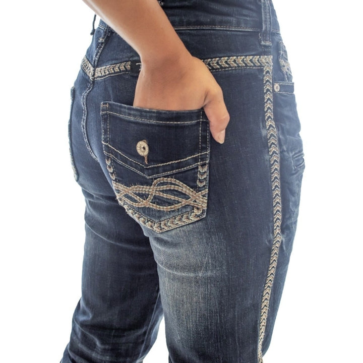 Cowgirl Tuff Western Jeans Womens Zigzag Stitching Dark Wash JRUSTZ Image 3