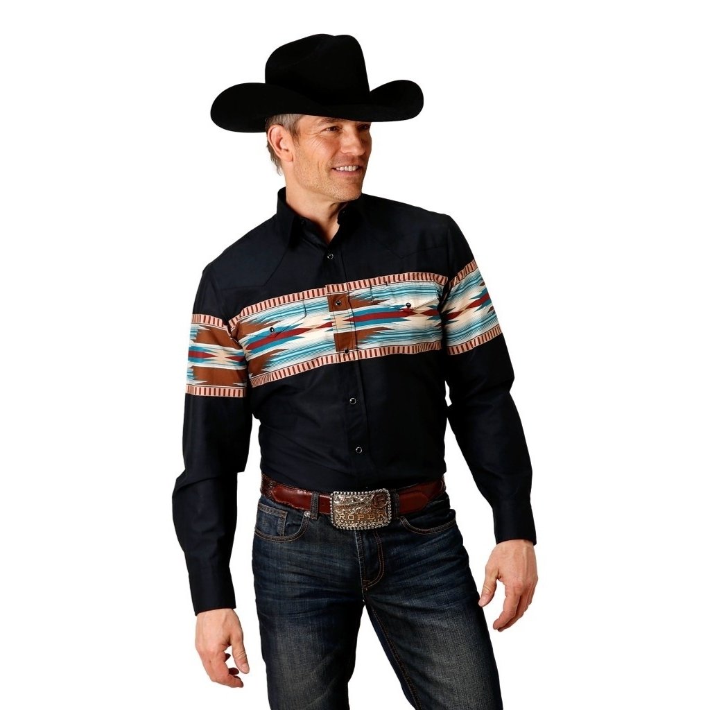 Roper Western Shirt Mens L/S Aztec Border Black 03-001-0431-0610 BL Image 1