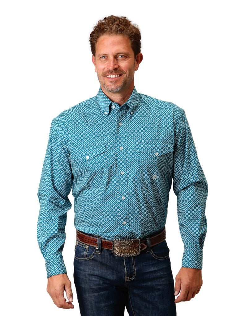 Roper Western Shirt Mens L/S Print Turquoise 03-001-0325-6019 BU Image 1