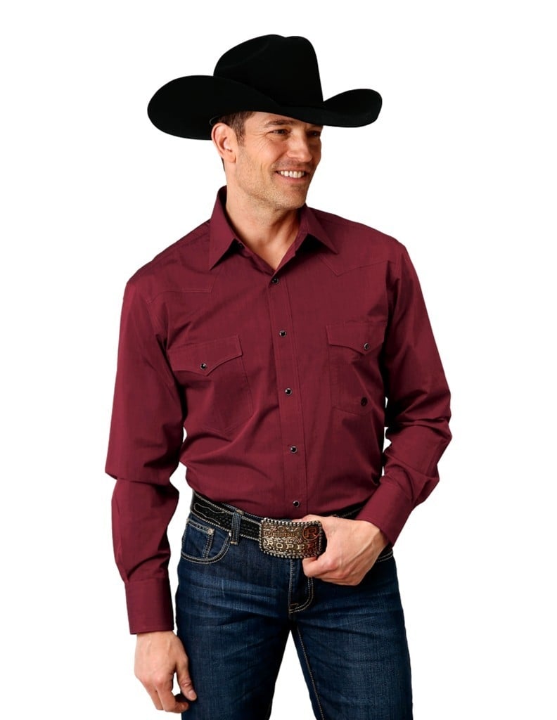 Roper Western Shirt Mens Solid L/S Snap Wine 03-001-0265-0706 WI Image 1