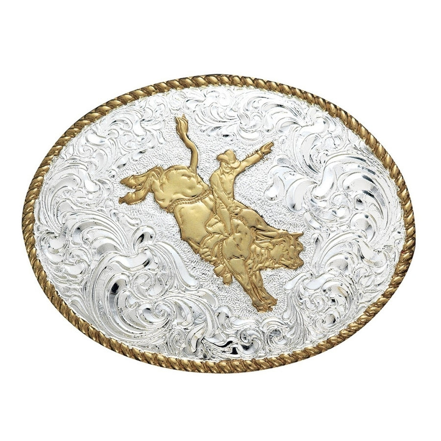 Crumrine Western Belt Buckle Bull Rider Rope Edge Silver Bronze C06150 Image 1