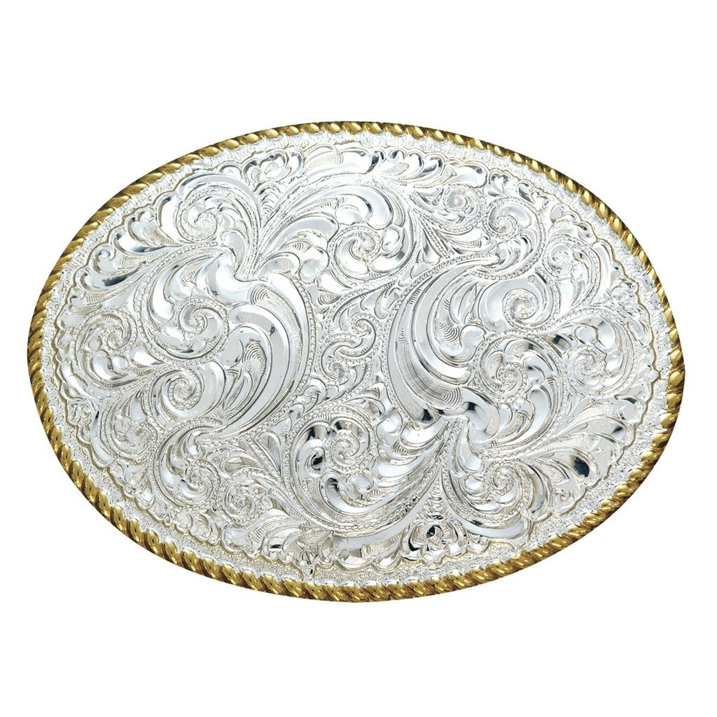 Crumrine Western Belt Buckle Oval Scroll Rope Edge Silver C01874 Image 1