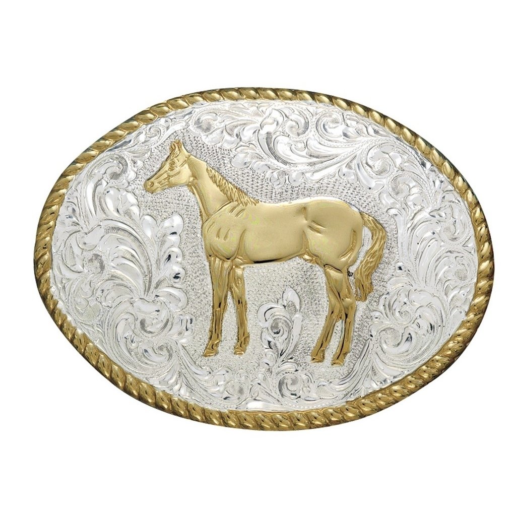 Crumrine Western Belt Buckle Standing Horse Rope Silver Bronze C01578 Image 1