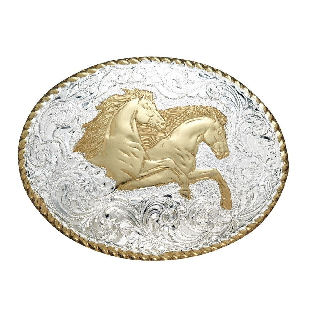 Crumrine Western Belt Buckle Rearing Horses Rodeo Silver Bronze C01561 Image 1