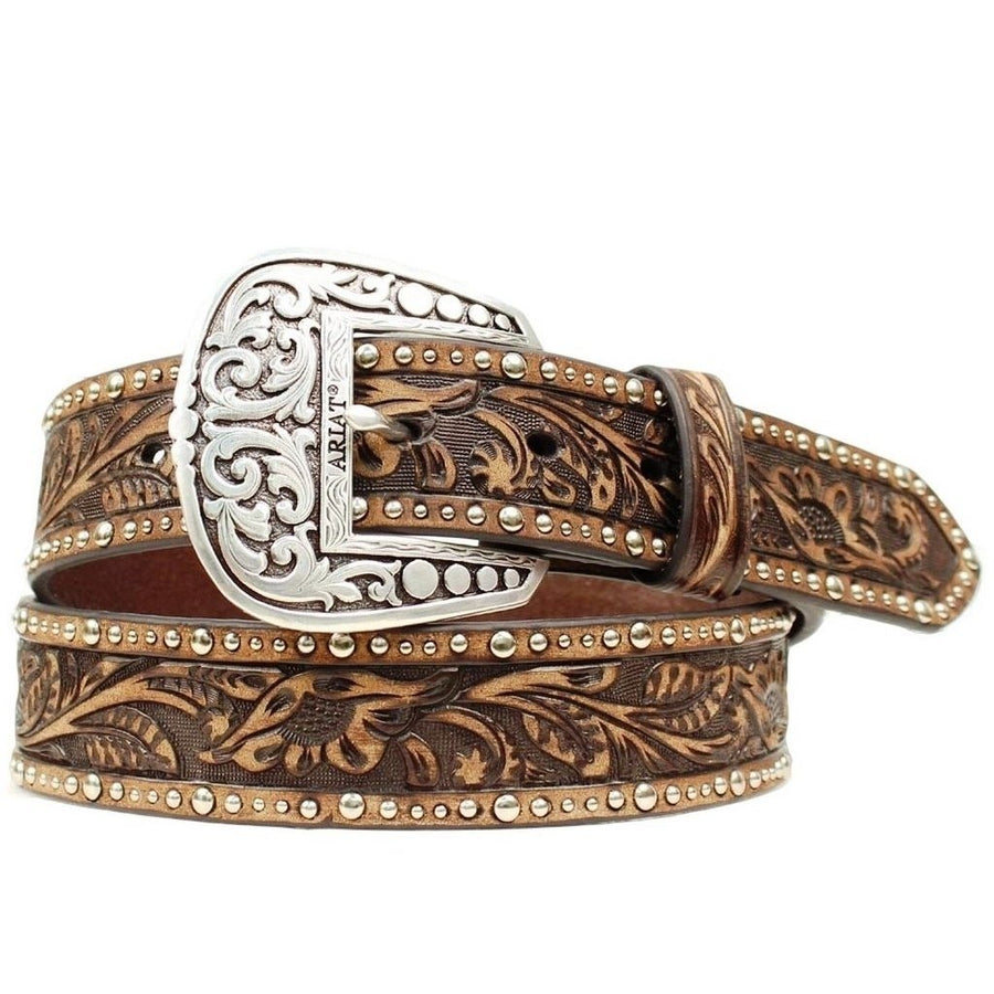 Ariat Western Belt Womens Leather Embossed Inlay Nail Brown A1513802 Image 1