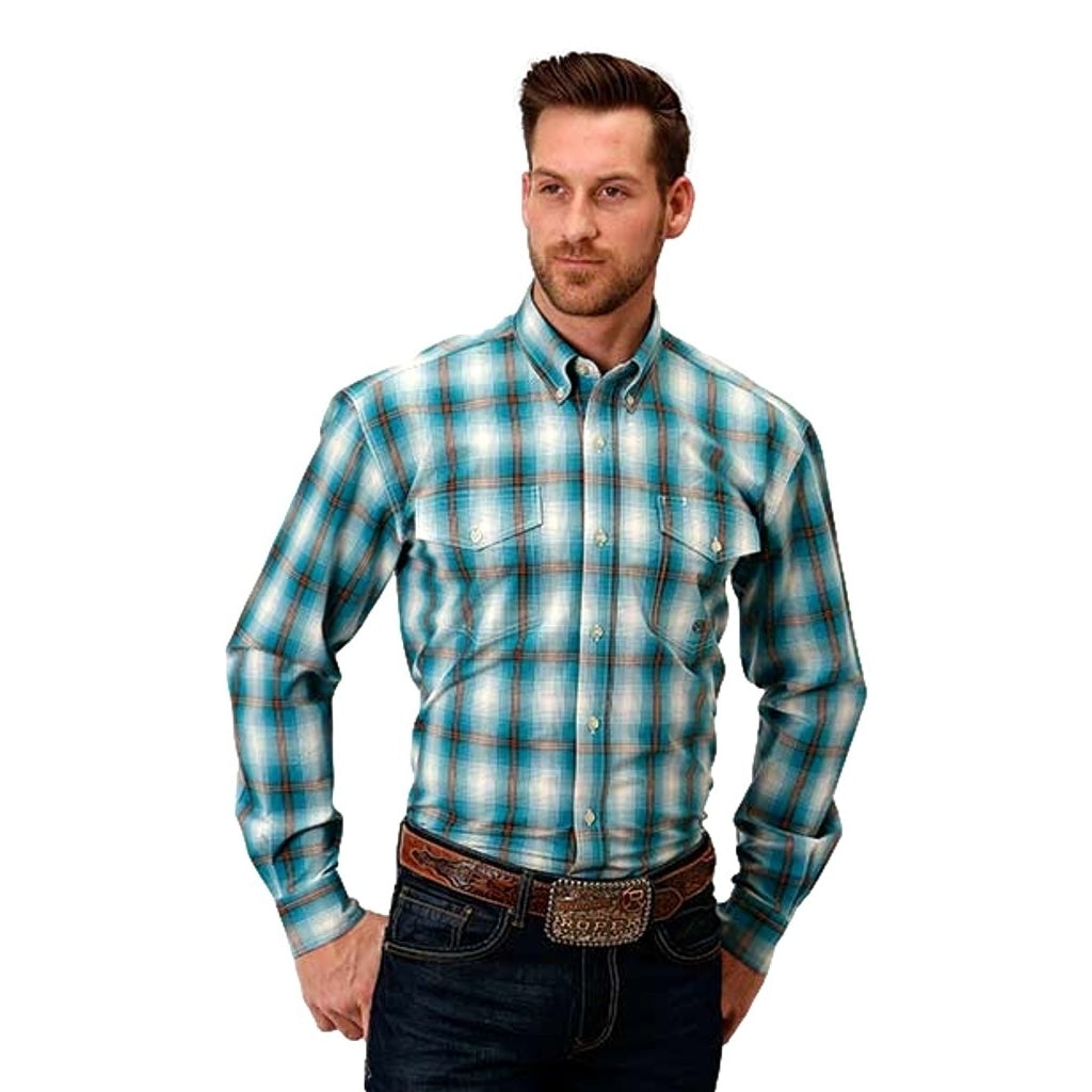 Roper Western Shirt Mens L/S Plaid Ombre Teal 03-001-0378-1034 BU Image 1