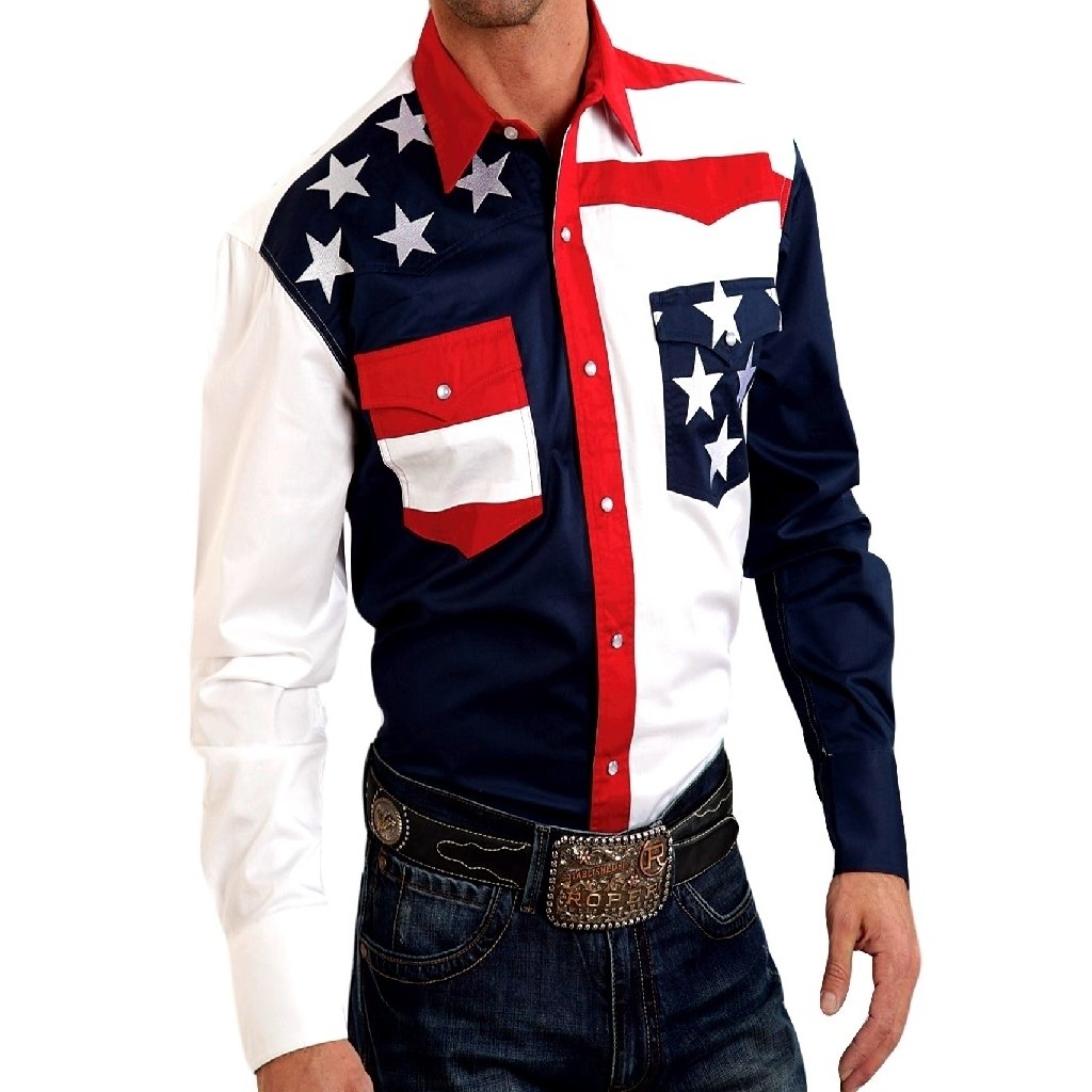 Roper Western Shirt Mens L/S USA Flag Snap Blue 03-001-0185-0304 BU Image 1