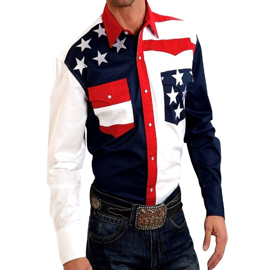 Roper Western Shirt Mens L/S USA Flag Snap Blue 03-001-0185-0304 BU Image 1