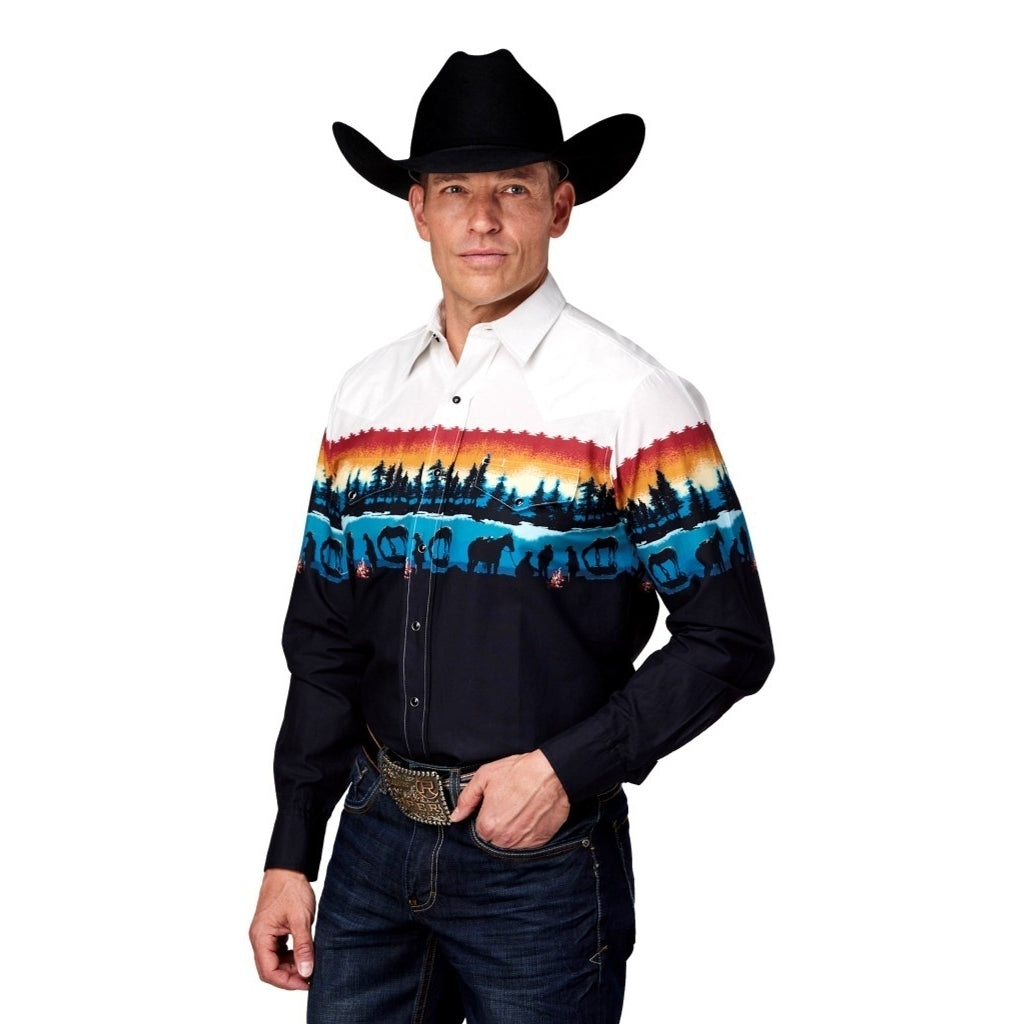 Roper Western Shirt Mens L/S Snap Border Blue 03-001-0421-0436 BU Image 1