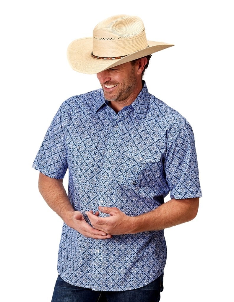 Roper Western Shirt Mens Snap Print S/S Blue 03-002-0225-2024 BU Image 1