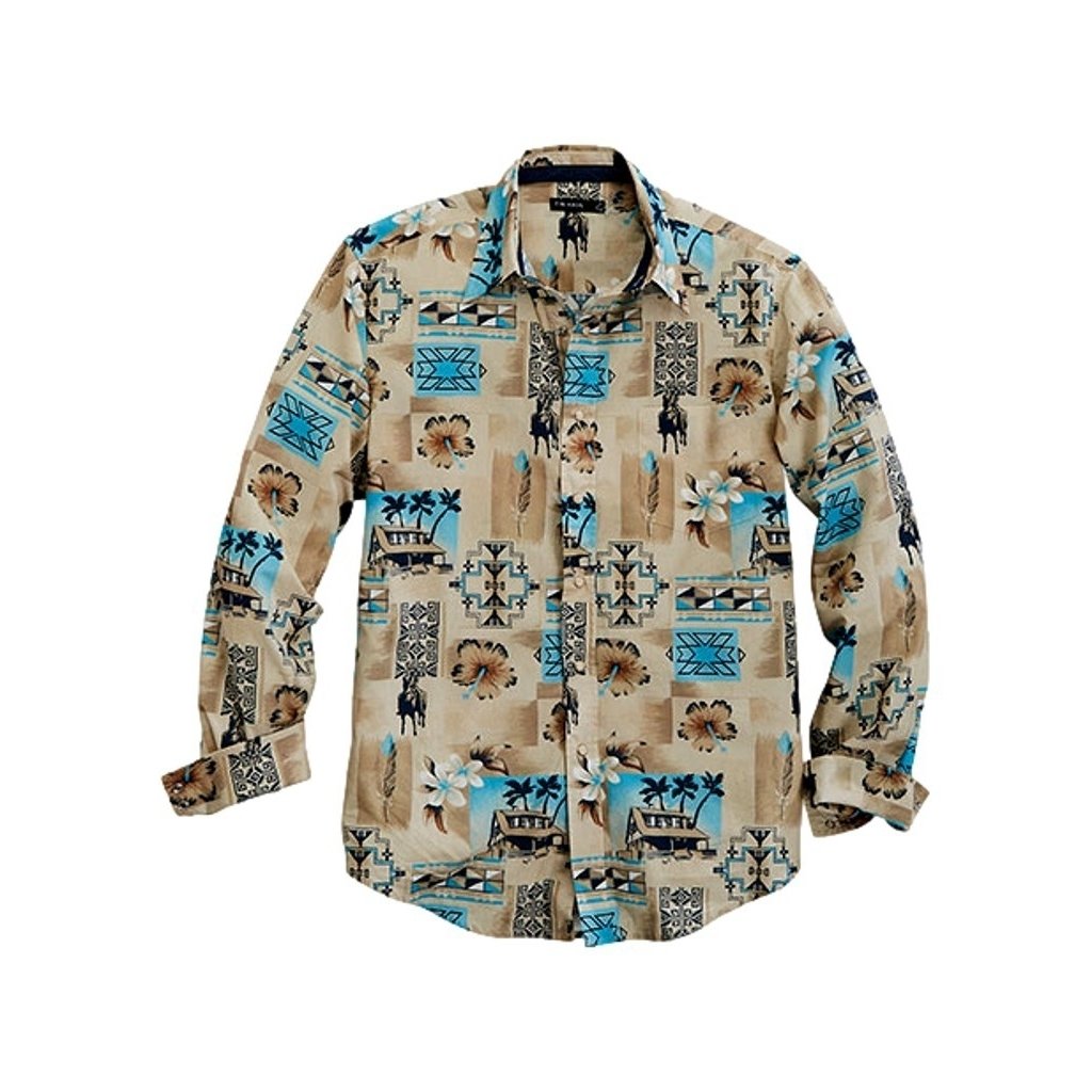 Tin Haul Western Shirt Mens L/S Tiki Print Blue 10-001-0064-0217 BU Image 1