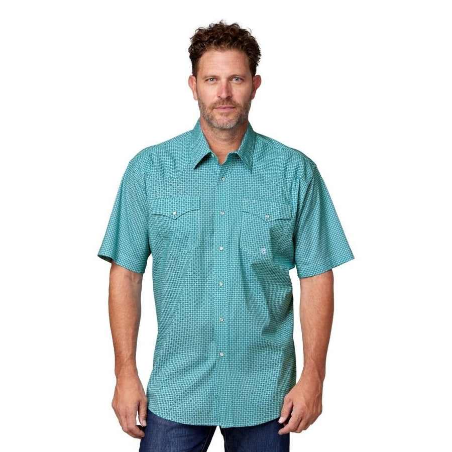 Roper Western Shirt Mens S/S Allover Teal 03-002-0225-4400 GR Image 1