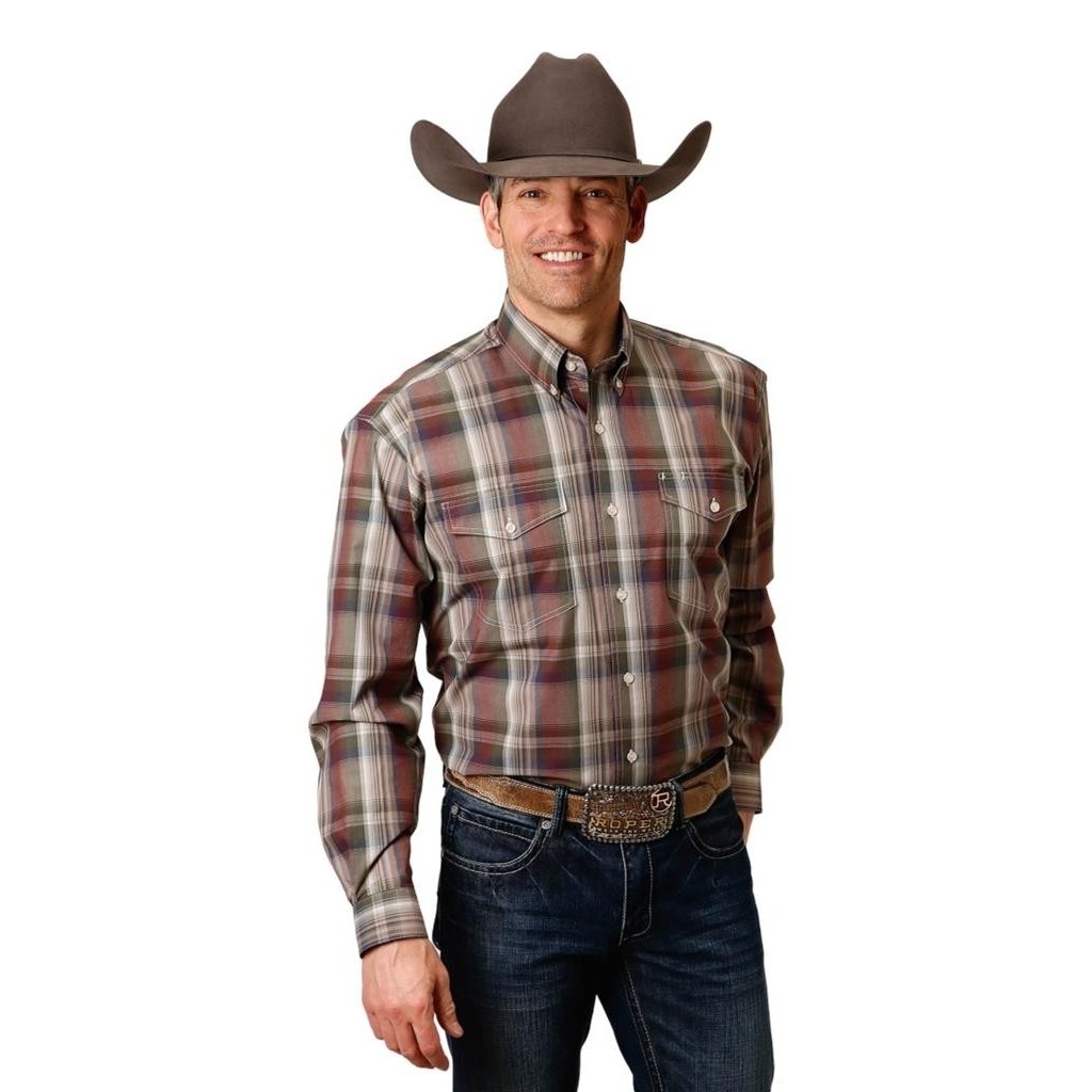 Roper Western Shirt Mens L/S Plaid Button Wine 03-001-0678-7022 WI Image 1