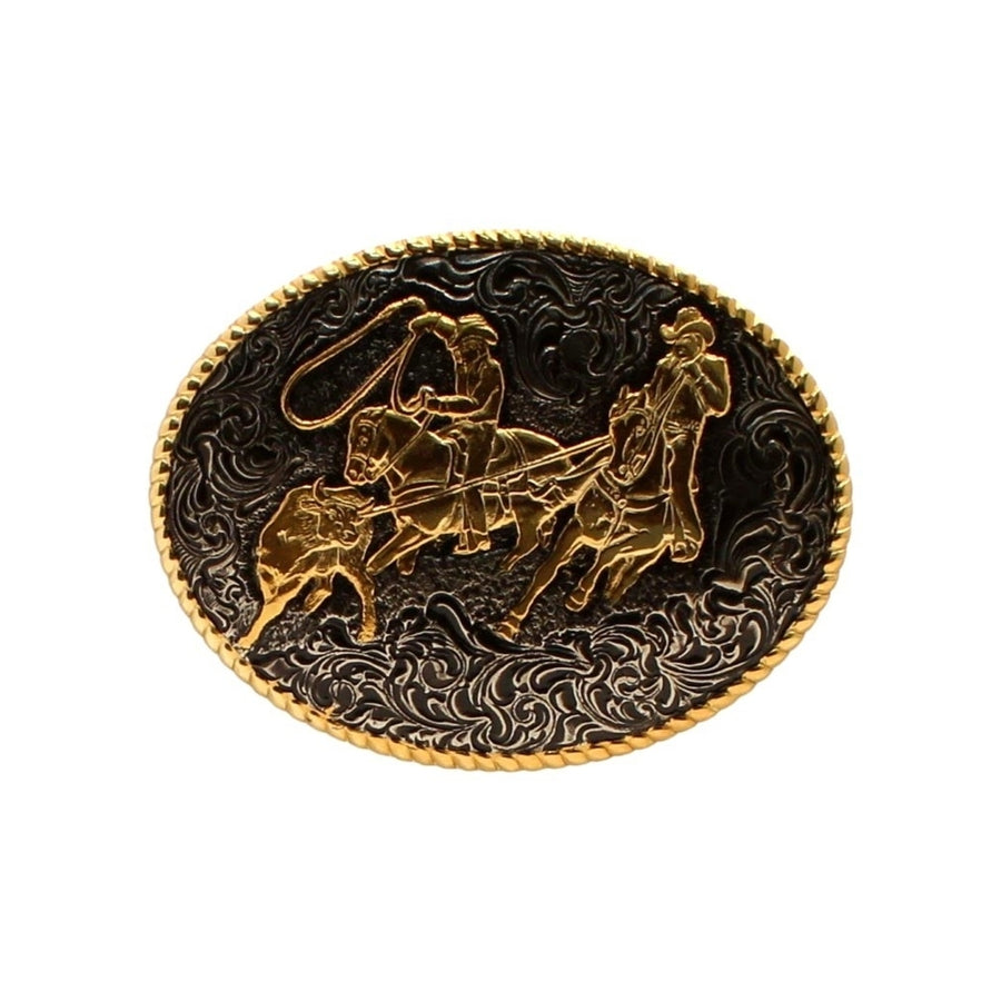 Crumrine Western Belt Buckle Rope Edge Team Roper Black Gold C02102 Image 1