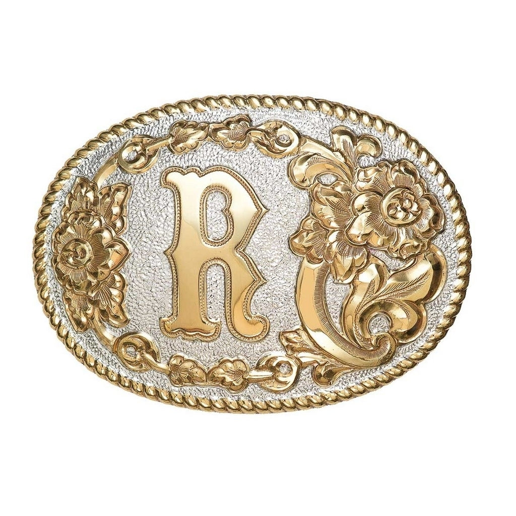 Crumrine Western Belt Buckle Floral Oval Initial Gold Silver C339 Image 1