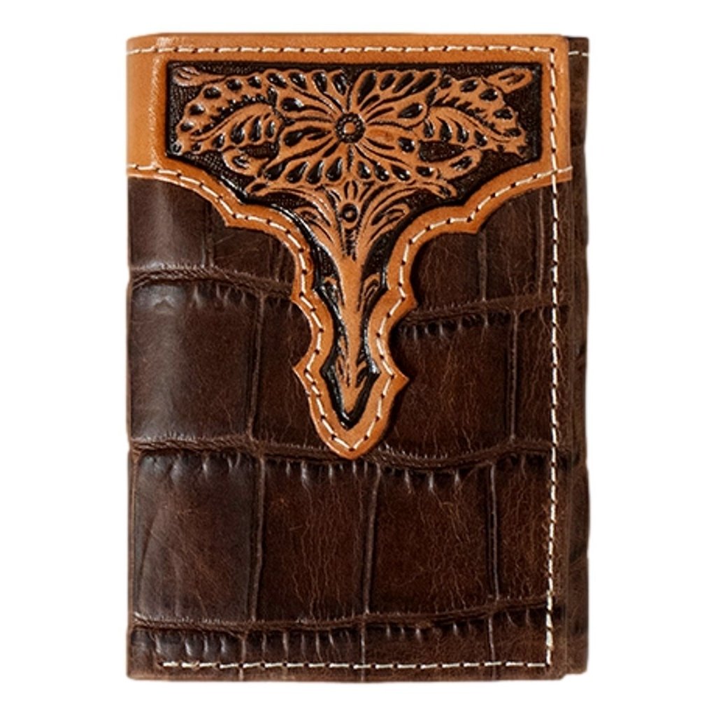 Ariat Western Wallet Mens Trifold Slim Croc Embossed Brown A3552902 Image 1